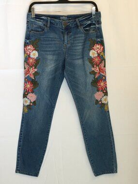 Soho Jeans Floral-Embroidered Ankle Skinny/Boyfriend Jeans Size 8